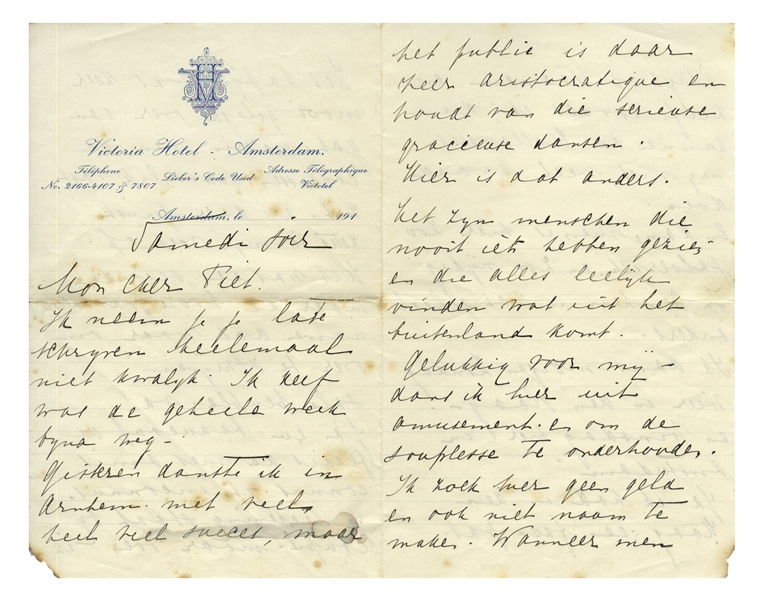 Mata Hari Autograph Letter to Her Lover, Piet van der Hem -- ''...When you have Paris and Vienna etc. like me, then the Dutch can not do me much harm...''